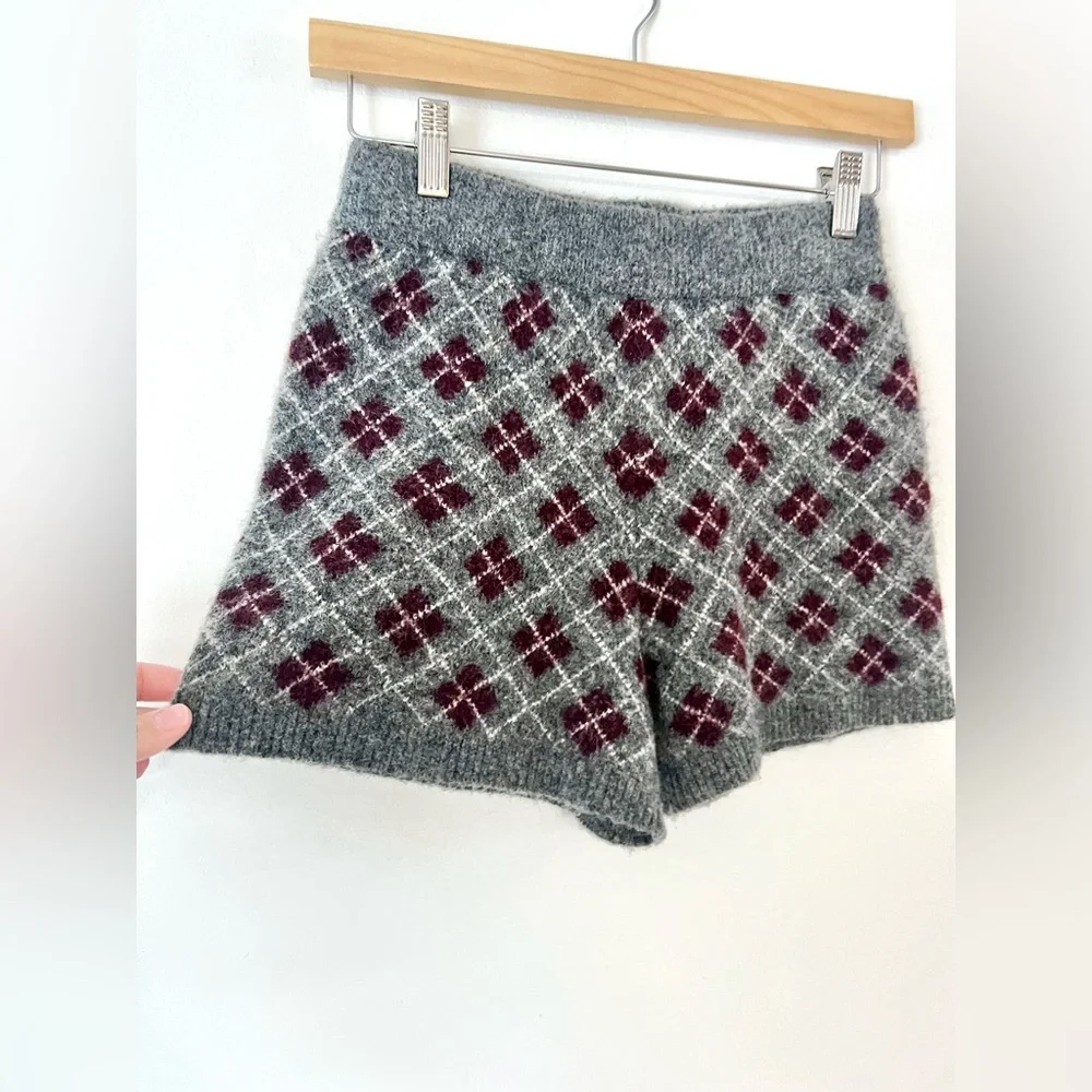 Zara Gray Knit Argyle Shorts & Long Sleeve‎ Collared Top Wool Blend Set Size S/M